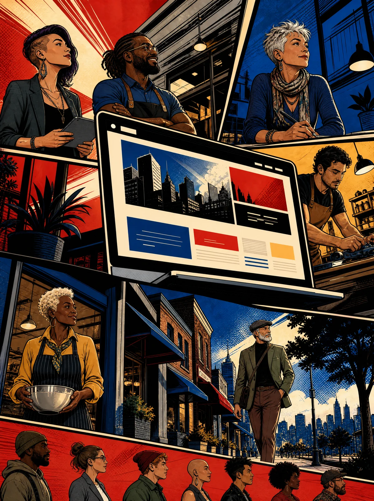 Comic illustration of small business owners, storefronts, and a polished website moving forward together.