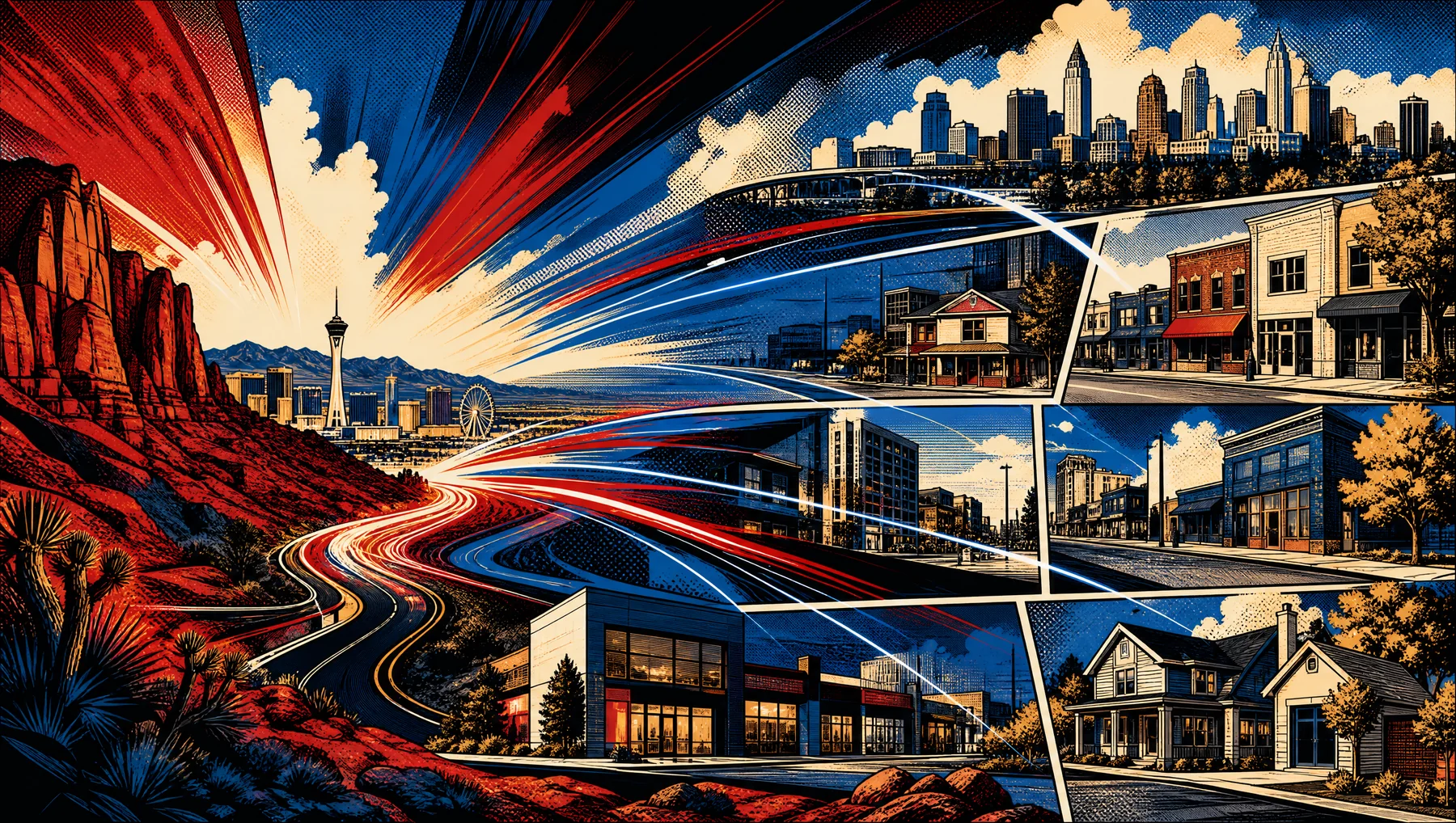 Comic panorama connecting Nevada and Las Vegas to small-business communities nationwide.