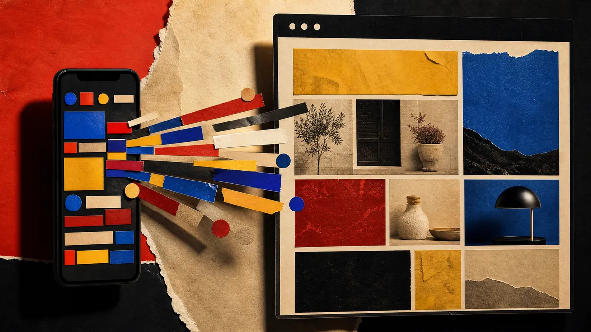 Editorial collage showing a social feed connecting to an owned business website.