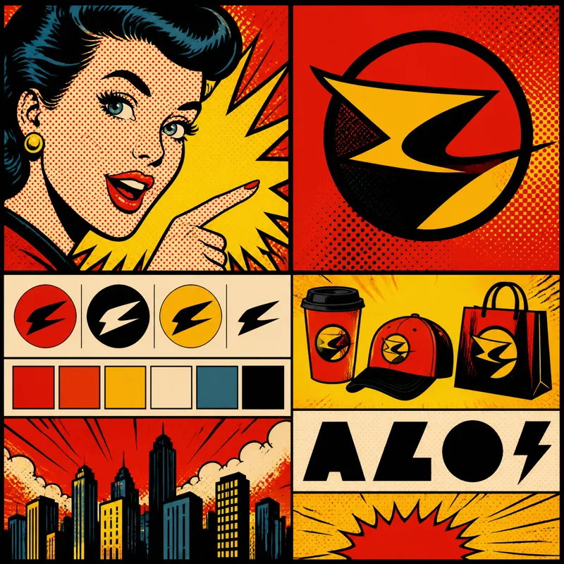 Comic illustration representing branding and visual identity services