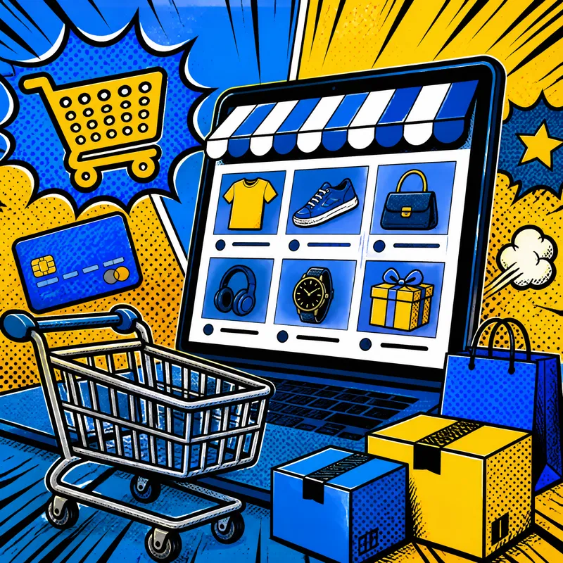 Comic illustration representing e-commerce website services