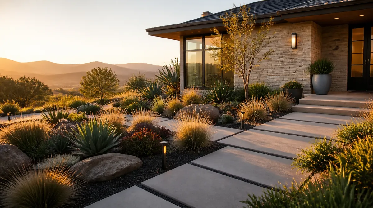 Completed modern California residential landscape with drought-conscious planting.