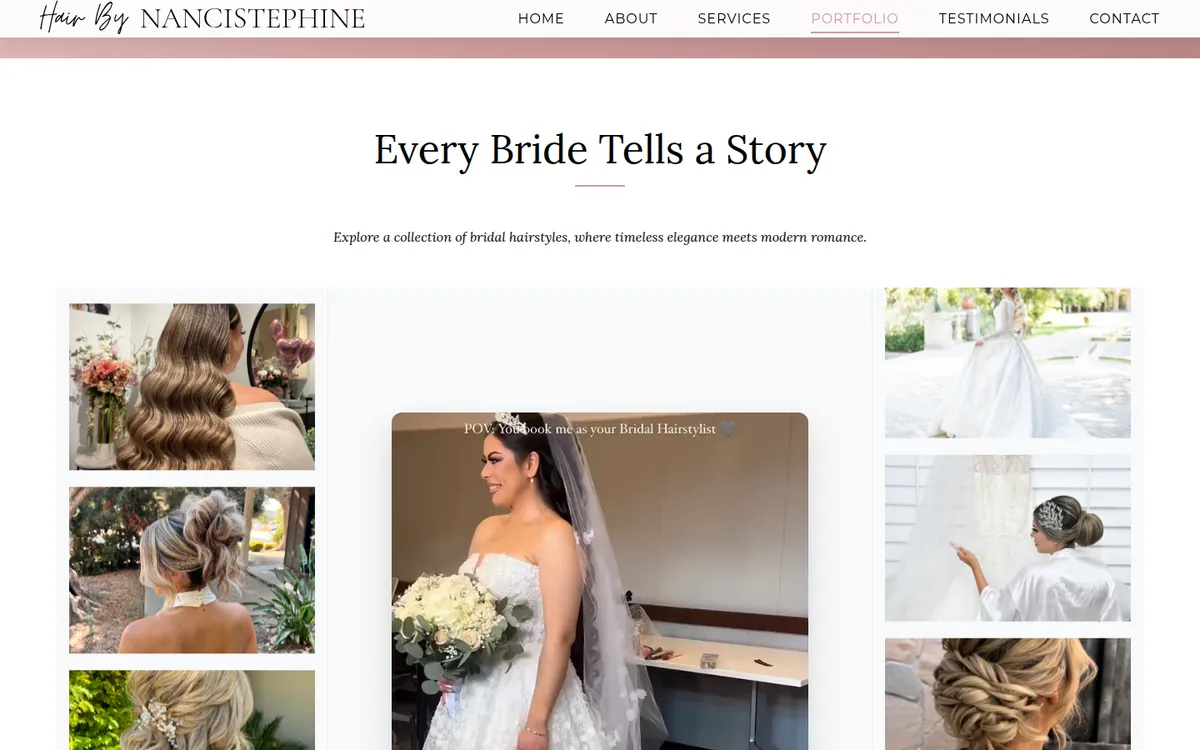 Hair by NanciStephine portfolio page displaying bridal hairstyles and wedding photography.